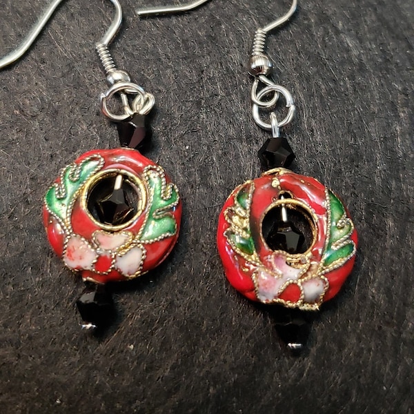 Red Cloisonne Earrings with Black Crystal Accents