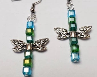 Dragonfly Wing Earrings; Dragonfly and Crystal Earrings; Turquoise and Green Dragonfly Earrings