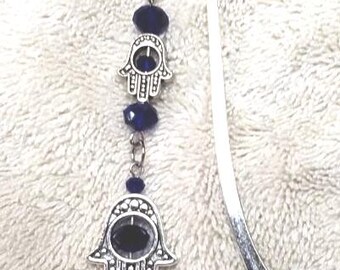 Jewish bookmark; Hamsa bookmark; cobalt blue crystal accents, Shepherd's hook bookmark with Hamsa; large Hamsa; Judaica