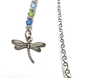Dragonfly Bookmark; Blue and Green crystal and Dragonfly Bookmark; Dragonfly