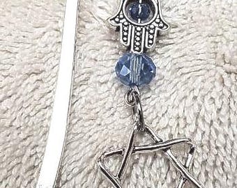 Jewish bookmark; Hamsas; light blue OR cobalt crystal accents, Shepherd's hook bookmark with Hamsa; Star of David; Jewish Star; Judaica