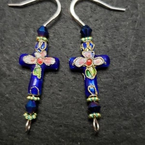 Cloisonne cross earrings; Navy Cloisonne Cross Earrings; Black Cloisonne Cross Earrings; flower accents