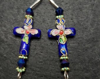 Cloisonne cross earrings; Navy Cloisonne Cross Earrings; Black Cloisonne Cross Earrings; flower accents