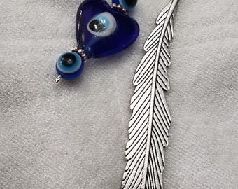 Evil Eye Bookmark, heart-shaped glass with evil eye accent beads; Feather Base Shepherds hook bookmark