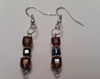 Purple and Black Square Dangle Earrings; Purple and Black Square Drop Earrings; Swarovski-like Purple and Black Earrings