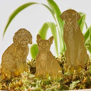 May include: Three gold metal dog silhouettes in a white ceramic planter with green moss. The dogs are a French Bulldog, a Labrador Retriever, and a Poodle.
