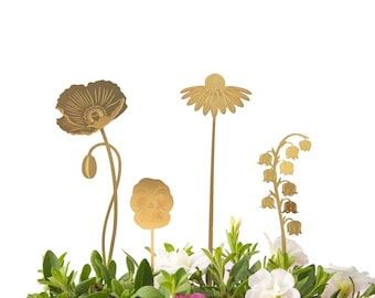 Garden Blooms floral plant pot decorations in brass - poppy, lily, pansy and echinacea