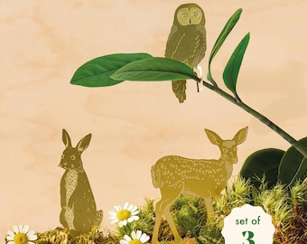 Set di 3 animali selvatici del bosco, piante e animali - decorazione in metallo con cervo, coniglio e gufo