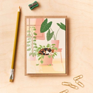 Carte de voeux chat calicot dormant dans des plantes, cartes amusantes pour les amoureux des chats