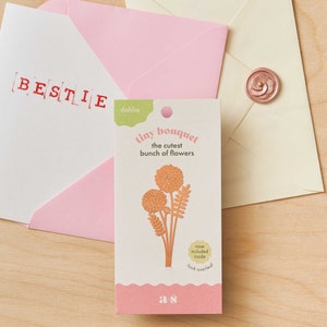 Peut inclure: Une carte rose avec le mot "BESTIE" imprim&eacute; en lettres rouges. Une plus petite carte rose avec une &eacute;tiquette verte qui dit "dahlia" est attach&eacute;e &agrave; la plus grande carte. La plus petite carte a un dessin d'un bouquet de fleurs orange avec le texte "tiny bouquet the cutest bunch of flowers" et "as" en bas. Le texte "vase included inside look overhead" est dans un cercle sur la carte.