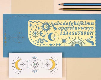 Celestial Design Stencil, Alphabet drawing template for journalling and crafts