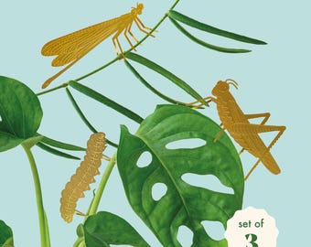 Bugs Plant Animal Set of 3 - Damselfly, Grasshopper, Caterpillar metal houseplant decorations