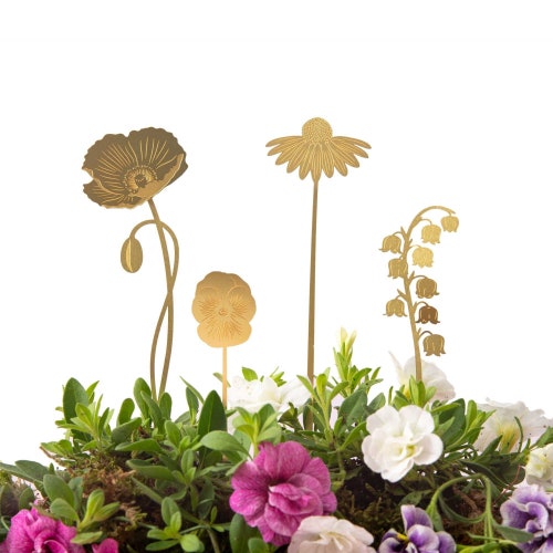 Garden Blooms floral plant pot decorations in brass - poppy, lily, pansy and echinacea