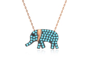 Turquoise Stone Small Elephant Sterling Silver Necklace, 925 Sterling Silver, Birthday Gift, Elephant Lover Gift, Women's Necklace