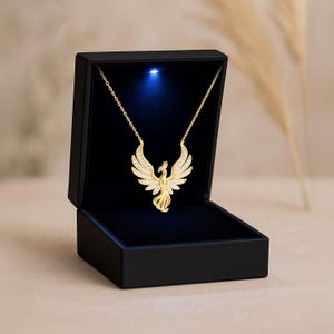 Gold Plated Phoenix Necklace with Lighted Gift Box – Sterling Silver Mythical Bird Pendant – Spiritual Jewelry Gift for Her