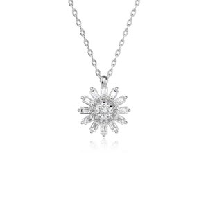 Elegant Flower Form Baguette Silver Necklace, 925 Sterling Silver, Birthday Gift, Valentine&#39;s Gift