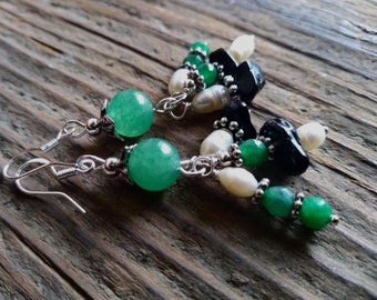 Abundant Jade and Pearl Drop Earrings - Design of Prosperity - Womens Gift - Green and Black Earrings - Dreamstone - Wisdom - Prosperity