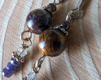 Sapphire Pietersite Drop Earrings: Sterling Silver French Wire