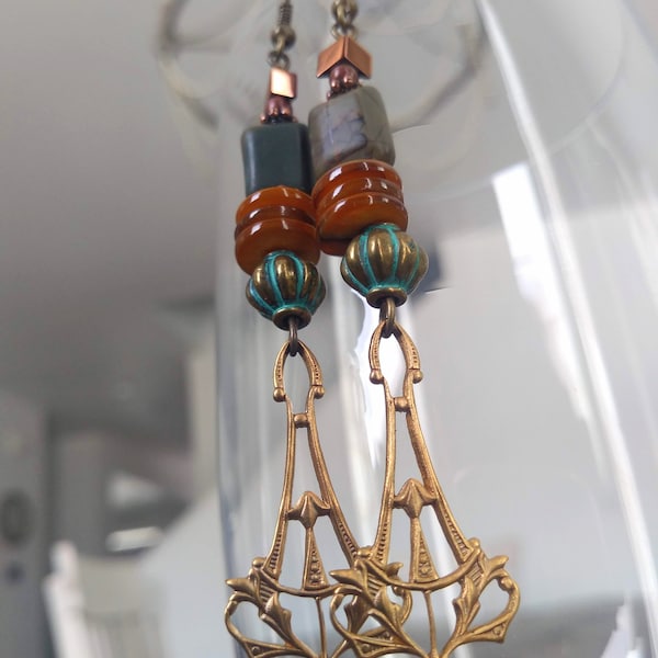 Earthly Landscape Jasper and Shell Drop Earrings with Mixed Metals of Bronze, Brass and Copper, and Hematite - Fabulous Tertiary Colors