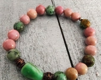 Reduced! Balance rhodonite and turquoise stretch bracelet with copper, with a stunning and uncommon color palette of pink and green.