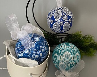 Large Xmas tree ornaments in gift box, Handpainted blue mandala bauble, 10cm 4 inches, 1pc