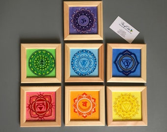 7 Chakras set, hand painted wall hanging yoga decor on canvas in wooden frame