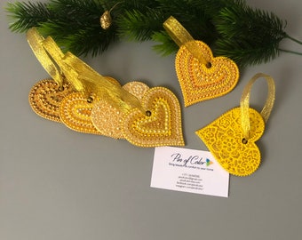 Gold mandala heart Christmas tree ornament set in gift organza bag,  6pc, 8cm