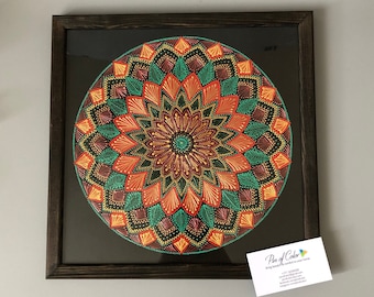 Handpainted wall hanging mandala, red gold green wall art, 30cm (11 4/5 inches)
