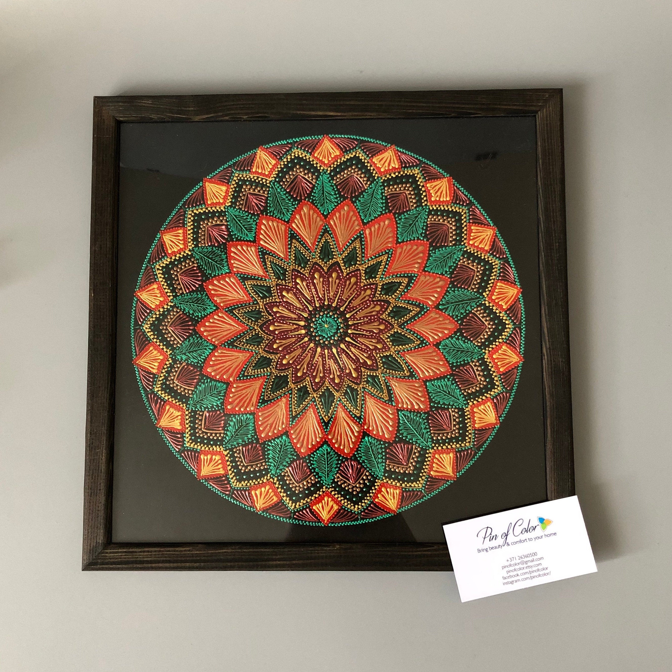 Handpainted Wall Hanging Mandala, Red Gold Green Wall Art, 30cm 11 4/5