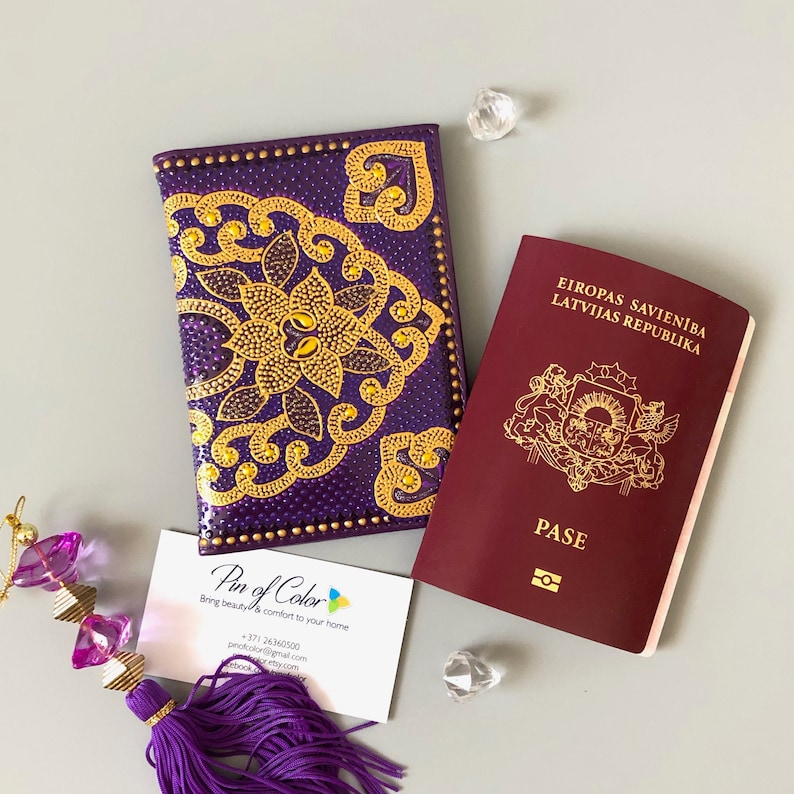 Purple Passport Cover With Gold Oriental Ornament Leather Etsy