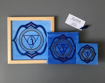 Blue Chakra mandalas on canvas, Third Eye chakra Ajna, Hand painted Yoga decor