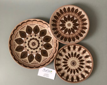 3 wall hanging plates set, handpainted brown mandala, D26cm (10 1/4") and 20cm (7 7/8")