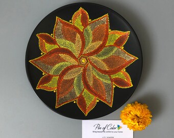 Decorative wall hanging plate, handpainted orange gold mandala, 20cm 7 7/8"