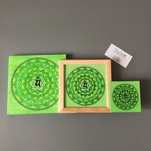 Green chakra mandala on canvas, Anahatais chakra, wall hanging yoga decor