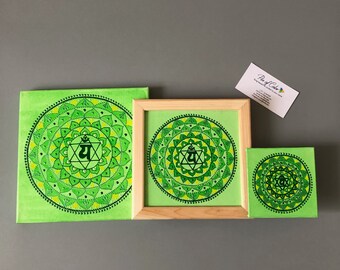 Green chakra mandala on canvas, Anahatais chakra, wall hanging yoga decor