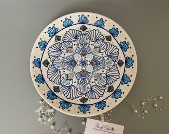 Handpainted wall hanging plate, blue and white mandala, 10 1/4" (26 cm)