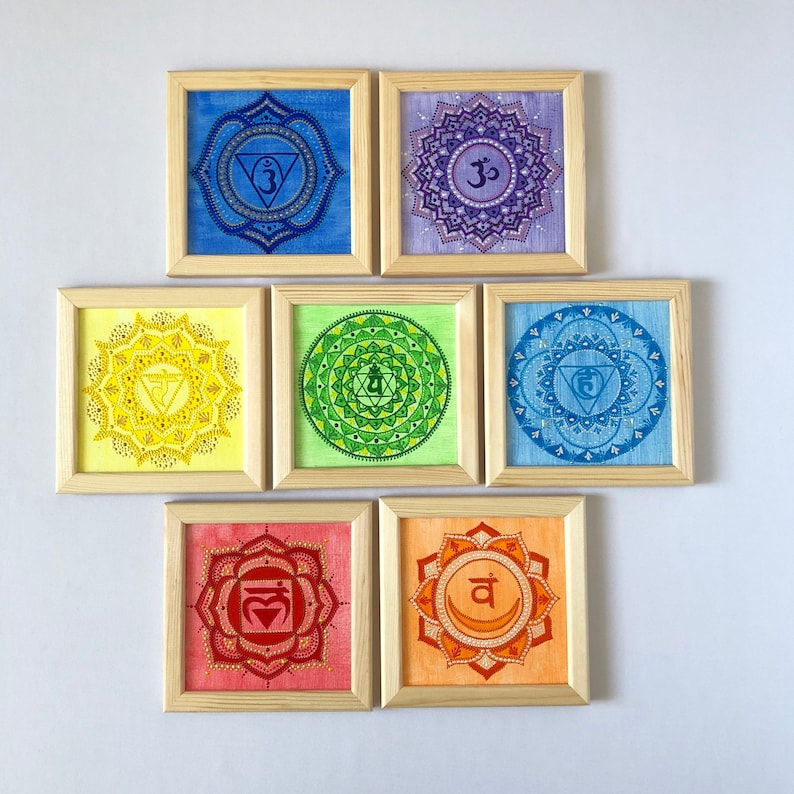 7 Chakras set, hand painted wall hanging yoga decor on canvas in wooden frame image 5