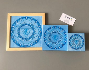 Blue Chakra mandala on canvas, Vishuddha chakra, Yoga wall hanging decor