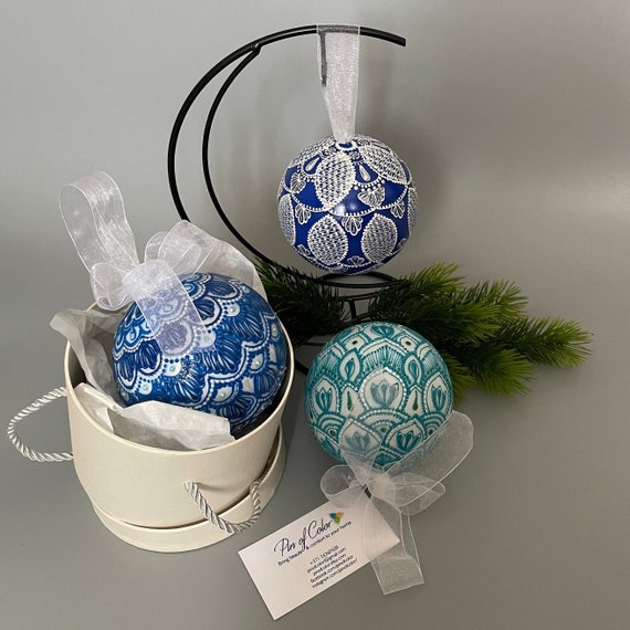 Large Xmas tree ornaments in gift box, Handpainted blue mandala bauble, 10cm 4 inches, 1pc