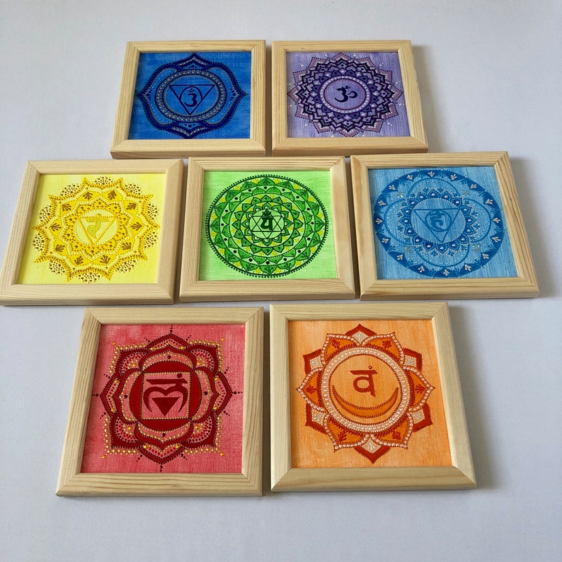 7 Chakras set, hand painted wall hanging yoga decor on canvas in wooden frame image 6