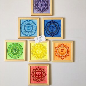 7 Chakras set, hand painted wall hanging yoga decor on canvas in wooden frame image 9