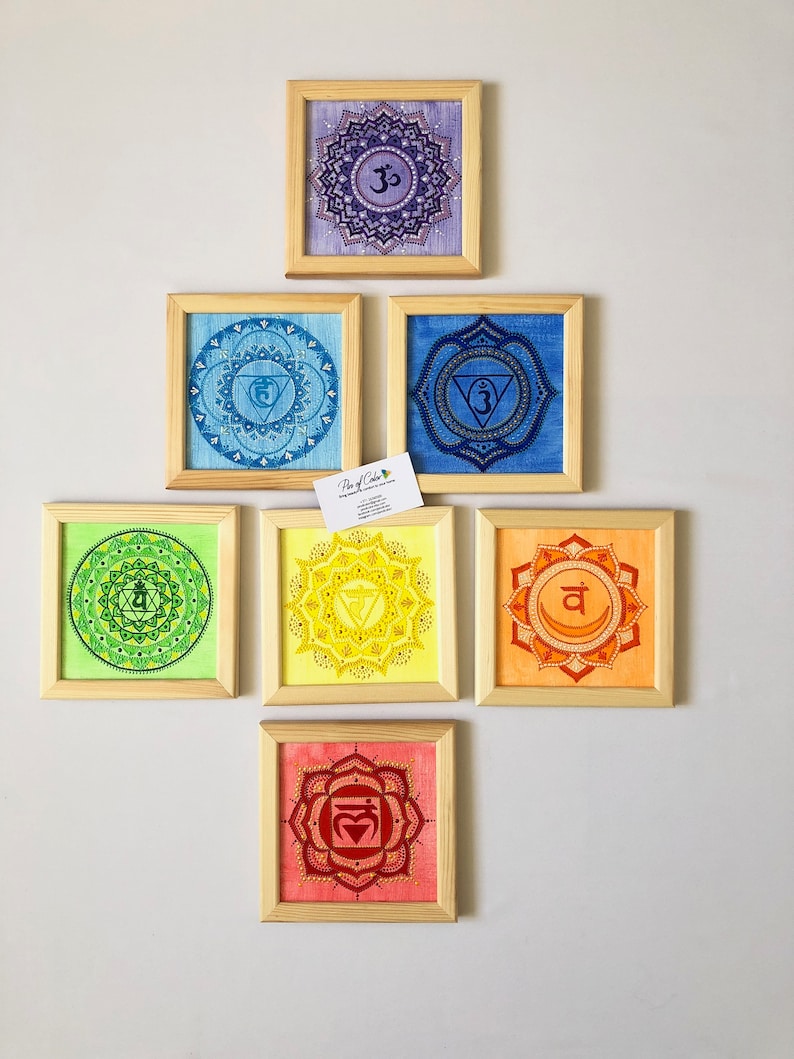 7 Chakras set, hand painted wall hanging yoga decor on canvas in wooden frame image 9