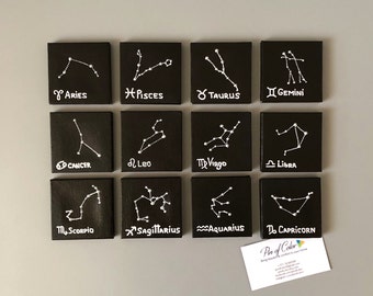 Zodiac sign constellations, hand painted astrology decor on canvas, 6,3cm (2,5")