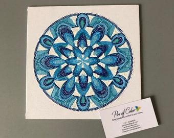 Blue mandala on canvas, hand painted living room wall decor, 20cm