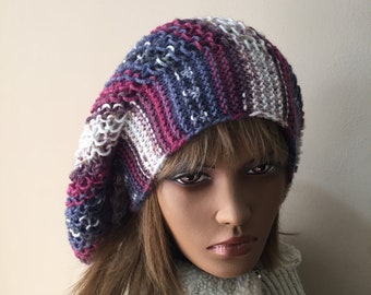 READY to SHIP. Knitted Multicolor Wool Unisex Hat, beanie for Dreadlocks, retro hippie hat, Slouchy Baggy hat, Soft Knitted Beret.