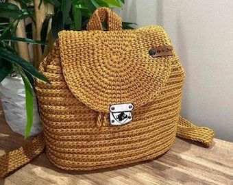 Small Crochet Backpack, mustard color crochet bag purse, Handmade crochet backpack