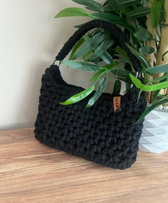 Small T-shirt Yarn Bag, Black Crochet Bag Purse, Crossbody Bags