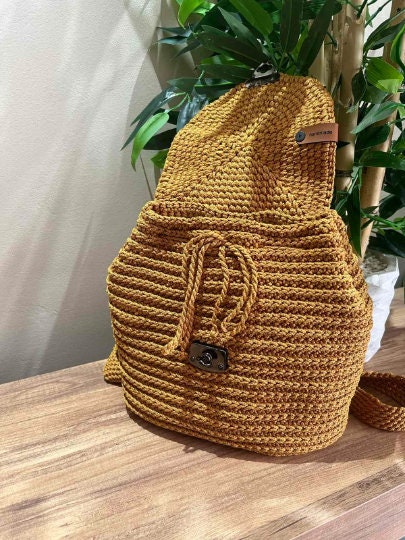 Small Crochet Backpack, Mustard Color Crochet Bag Purse  display picture 1