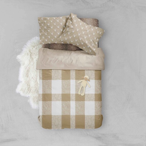 Woodland Toddler Bedding Set Plaid Tan Deer Duvet Cover Etsy
