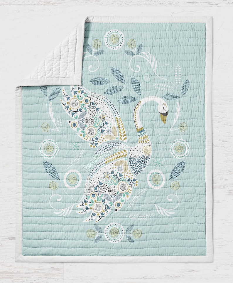 Birds Crib Quilt Swan Quilt Wholecloth Quilt- Swan Bed- Blue Boys Quilt Bedding Baby Shower Gift- Woodland Nursery Toddler Bedding